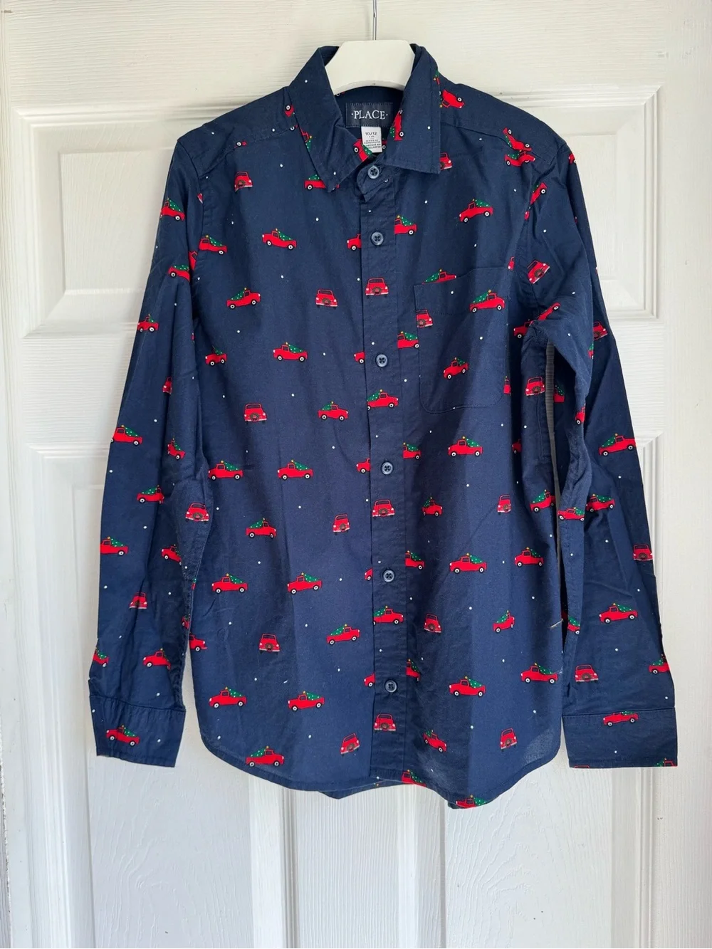 The Children's Place Boys Navy Button-Down Shirt with Red Car Print